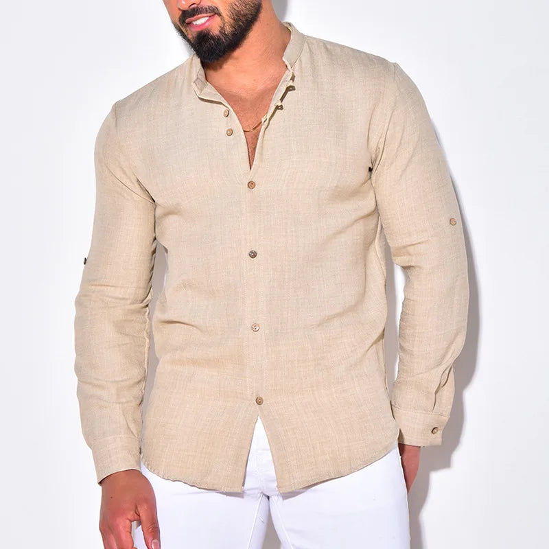 New Spring Summer Regular Fit Men's Shirts Cotton Linen Casual Top Blouse Long Sleeve Men Clothing