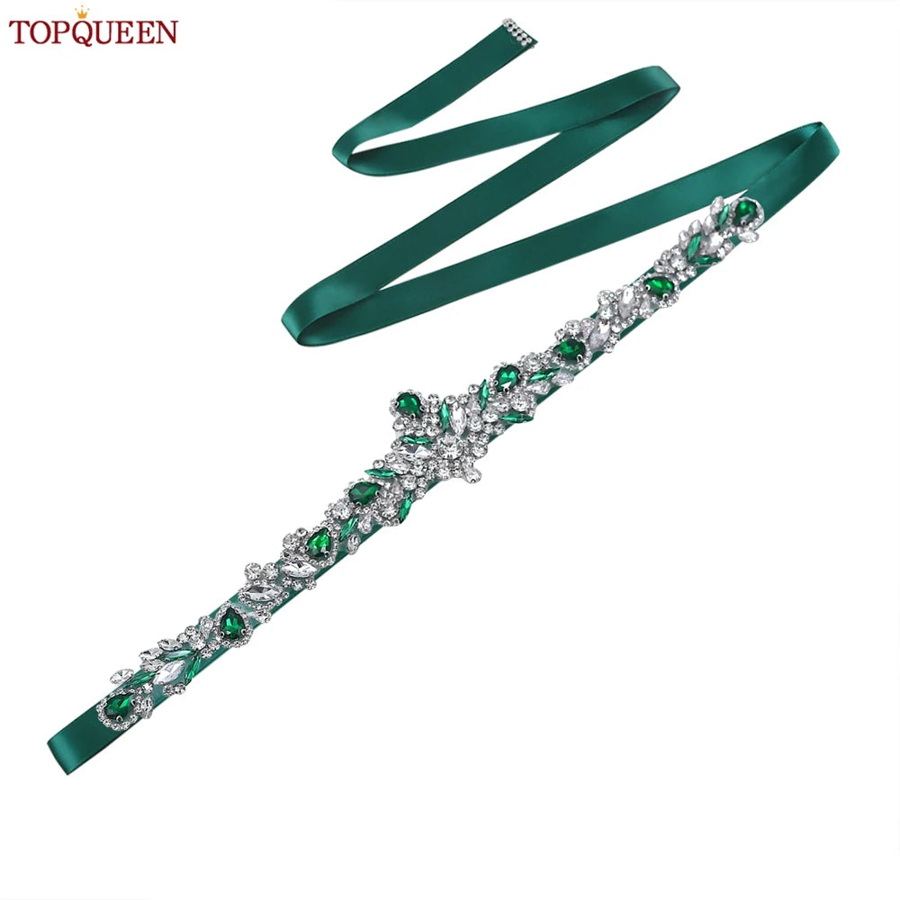 TOPQUEEN S462-KL Rhinestone Bridal Belt Wedding With Green Diamond Wedding Dress Accessories Belt Sash Party Women Dress Belt