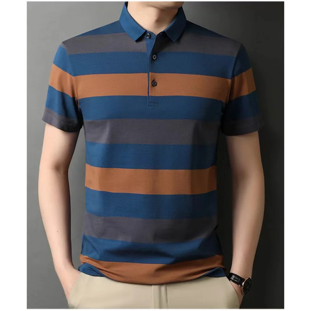 Men's Polo Shirts Korea Man Golf Shirts Summer Striped Print Button Clothing Business Style Male Streetwear Short Sleeve T-Shirt