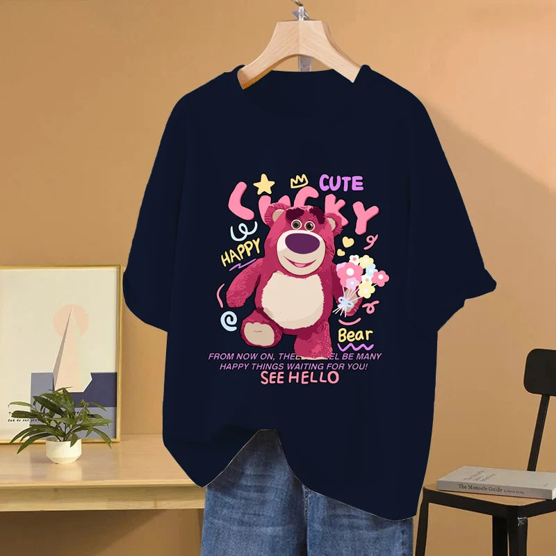 Lotso Bear Cartoon Anime Women T-shirt Summer Short Sleeve Men Tee Shirts 100% Cotton 2025 New Fashion Couple Clothes Tops
