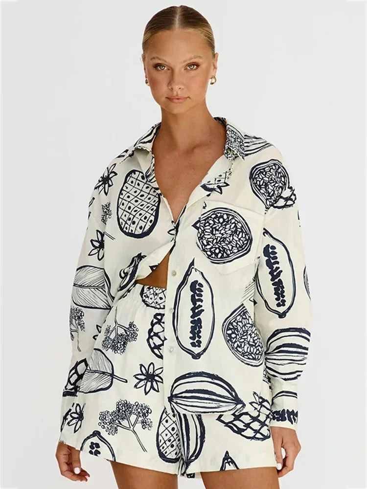 Foridol Fruit Printed Pockets Casual Shirt+shorts Set Outfits Matching Set 2024 Summer Women Spring Beach Oversize White Set