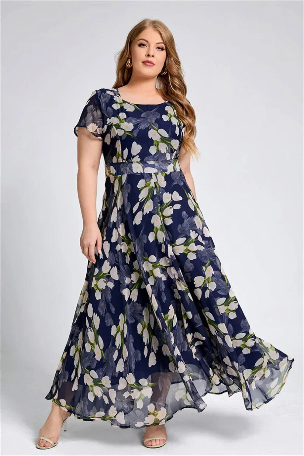 Plus Size Women Floral Printing Dress Short Sleeve Round Neck Chiffon A-line Female Elegant Fashion Summer Dresses 2025