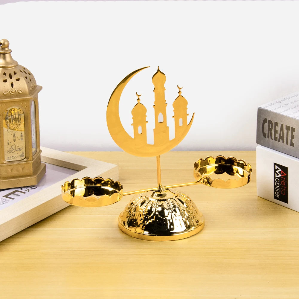 Gold Metal Ramadan Moon Shape Candle Holder Eid Mubarak Candlestick Base Dining Table Ornament Islamic Muslim Party Home Decor