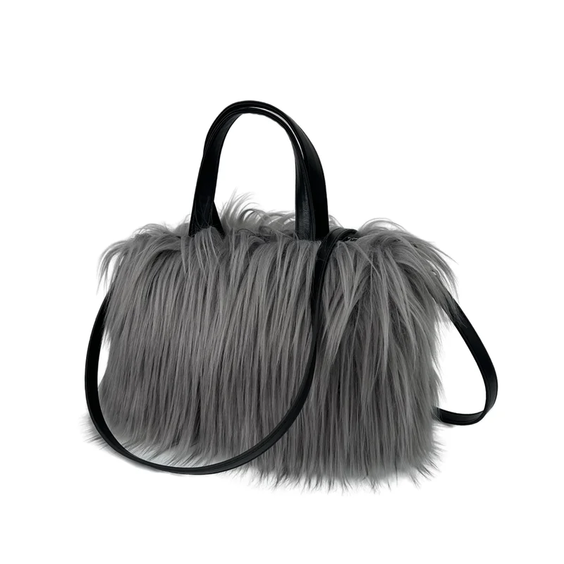 Designer Fluffy Plush Shoulder Bag Warm Faux Mongolian Fur HandBags for Women Brands Large Hobo  Shopper Heart Shaped Purses
