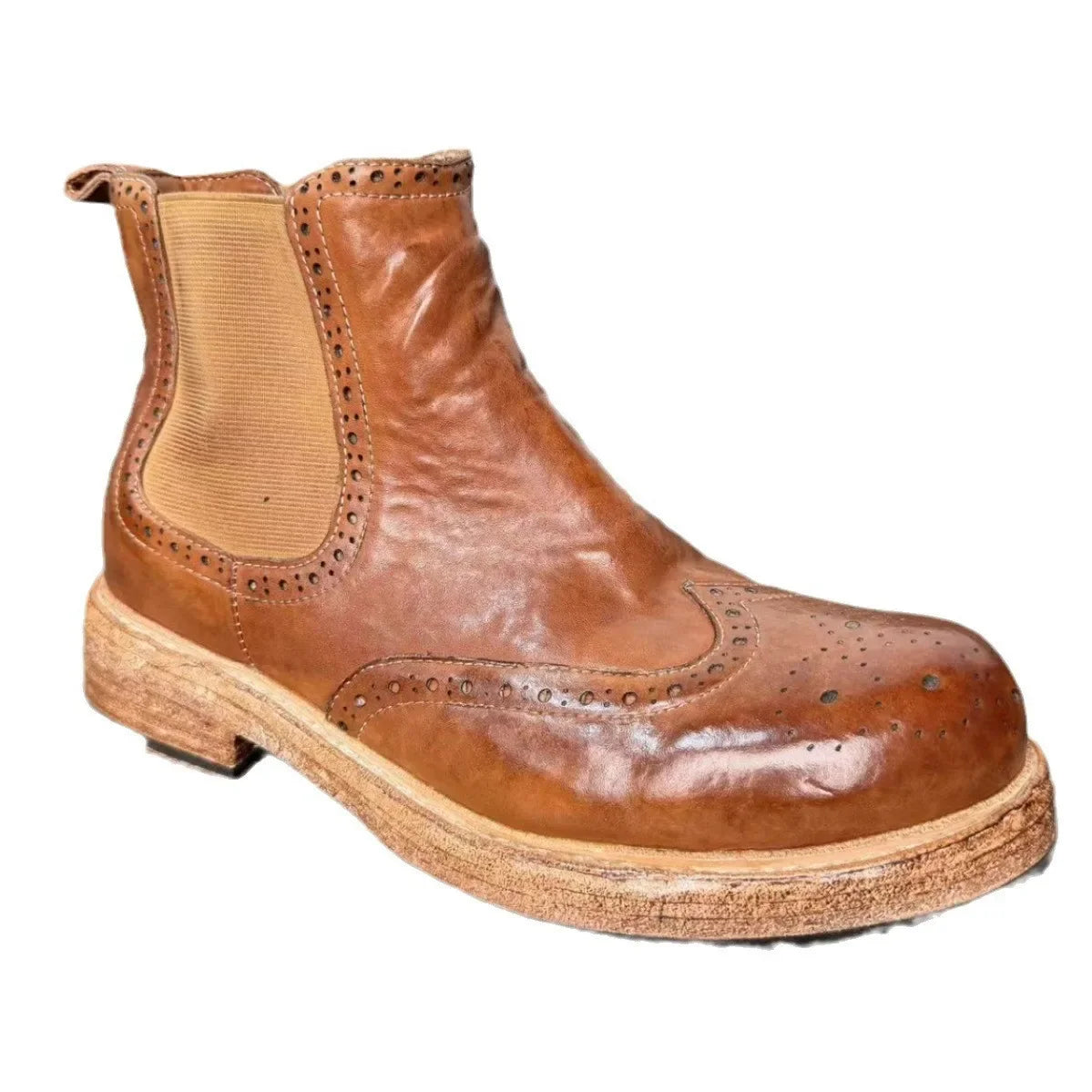 Goodyear-welding New Horse Leather Men's Chelsea Boots with Elastic Sleeves Wearing Block Carved Shoes Men's Leather Shoes