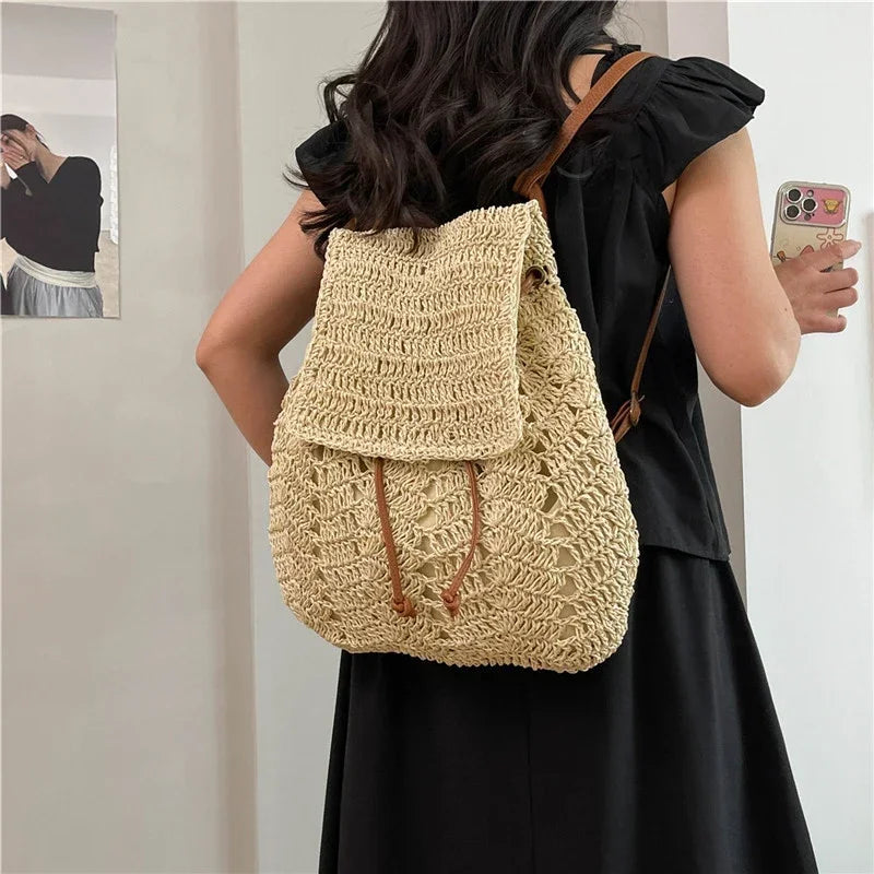 Handmade Woving Women's Backpack Beach Shoulder Bag For Ladies Designer Straw Handbag Travel Anti Theft Backbag Crossbody Purse