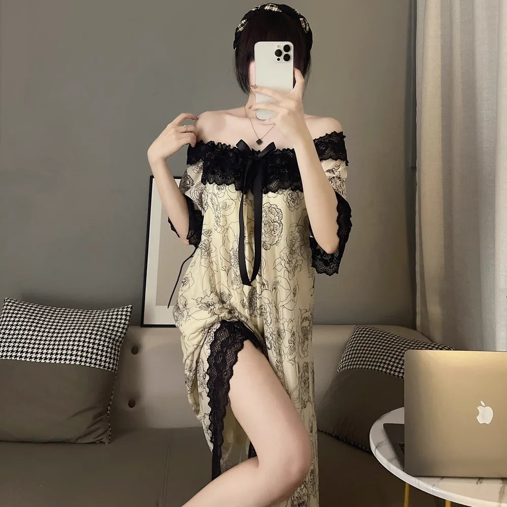 Modal Short Sleeve Premium Lace Lacework Pajamas Women's Loose Thin Loungewear with Chest Pad Summer Fashion Female Nightdress