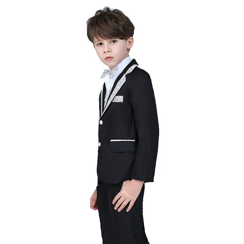 Kids Blazer 5Pieces/Set Jacket Vest Pants Shirt Bowtie Wedding Birthday Party Dress Boys Slim Fit Ceremony Photography Costume