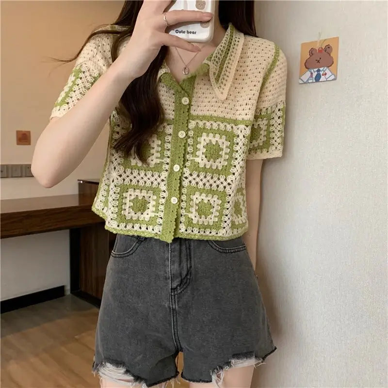Summer Short Sleeve T-Shirt Retro Knitted Cardigan Outerwear Young Petite Girls Vintage Hollow Out Crop Top Women Clothes