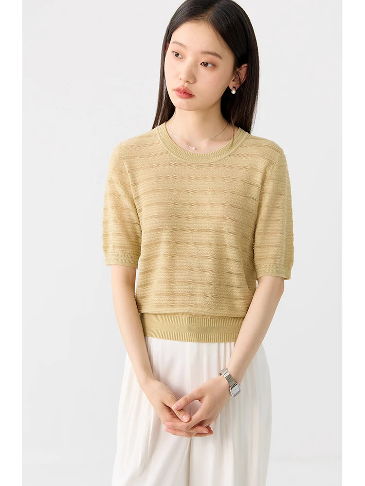 ZIQIAO Petite Hollow Out Round Neck Pink Knit Top For Women's 2024 Summer New Loose Short Sleeved Loose T-shirt 24ZQ92213