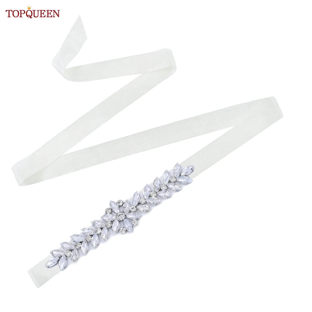 TOPQUEEN Wedding Dress Belt Sash Banquet Party Accessories Bridal Belt Silver Rhinestone Handmade Applique S69