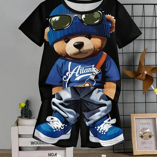 2024 Kinderkleidung 2-tlg. Jungen-Set mit lustigem Cartoon-Bären-Print, kurzärmligem T-Shirt und Shorts, Sommer, aktiv, für Jungen, kompletter, stilvoller Look