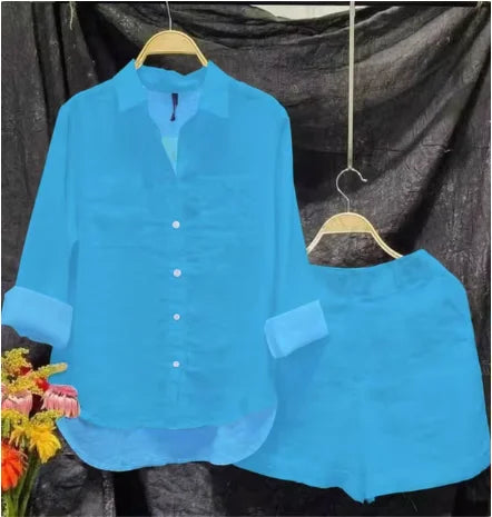 Fashion White Long Sleeve Shirt And Shorts Two Piece Sets Women 2024 Summer Cotton Linen Casual Home 2 Piece Set For Women Suits
