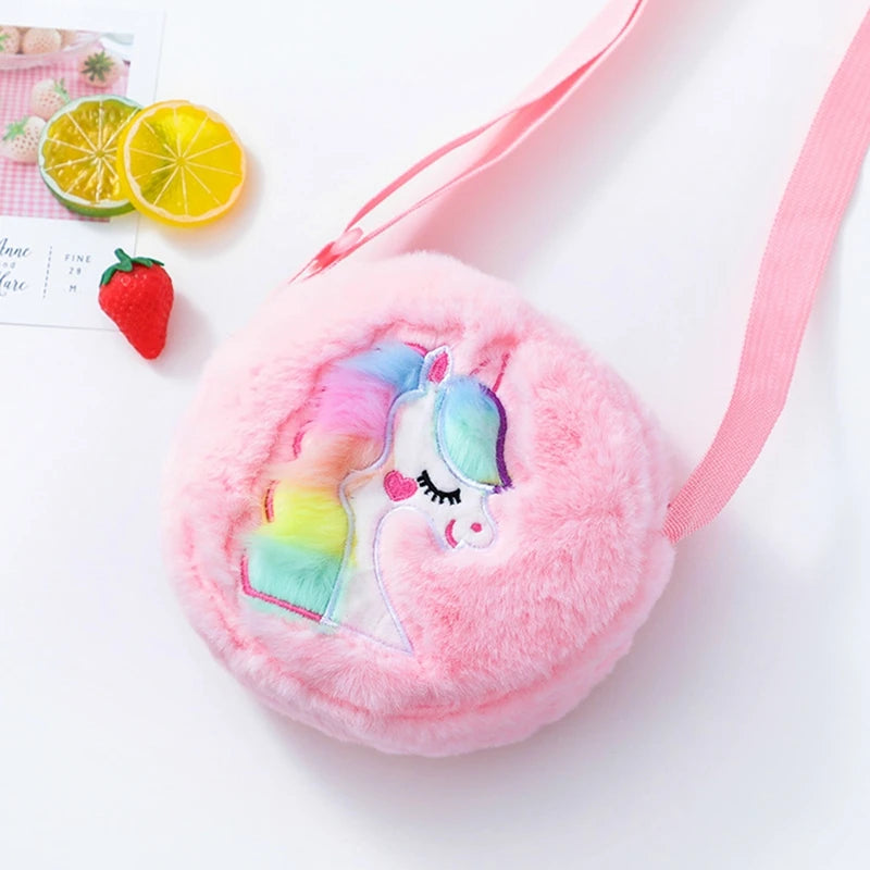 Animal Embroidery Handbags Tie Dye Unicorn Plush Crossbody Bags Winter Furry Shoulder Purse Kids Cartoon Study Tools Wallets