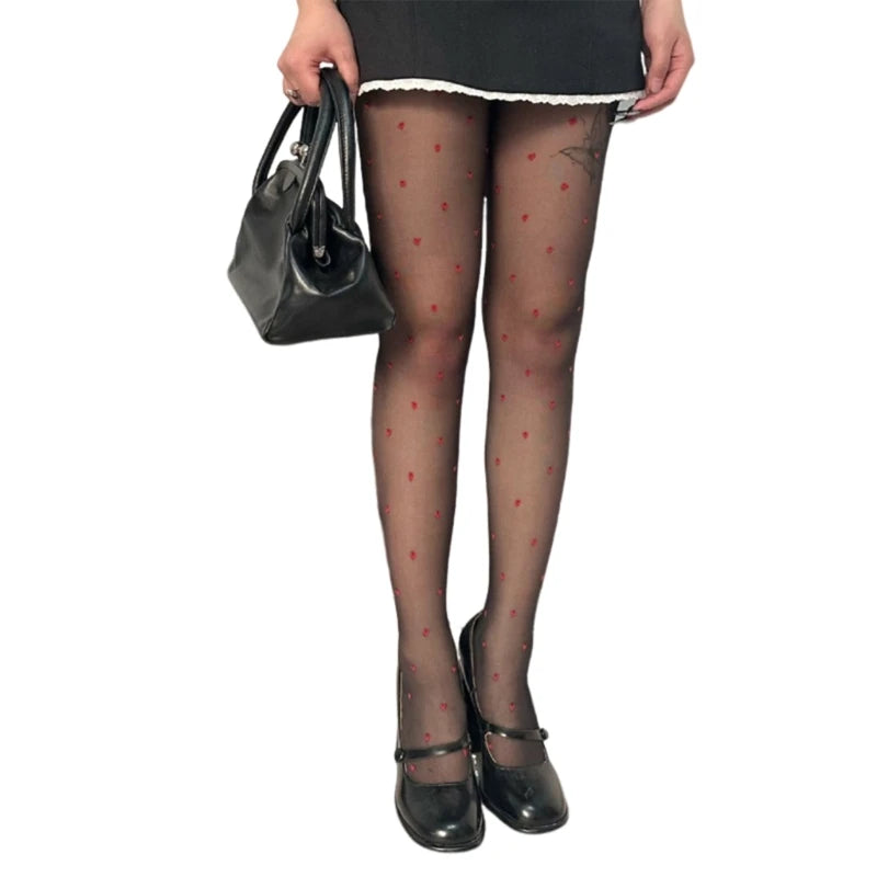 Women Valentines Silk Pantyhose Heart Flocking Patterned Sheer Leggings Tights