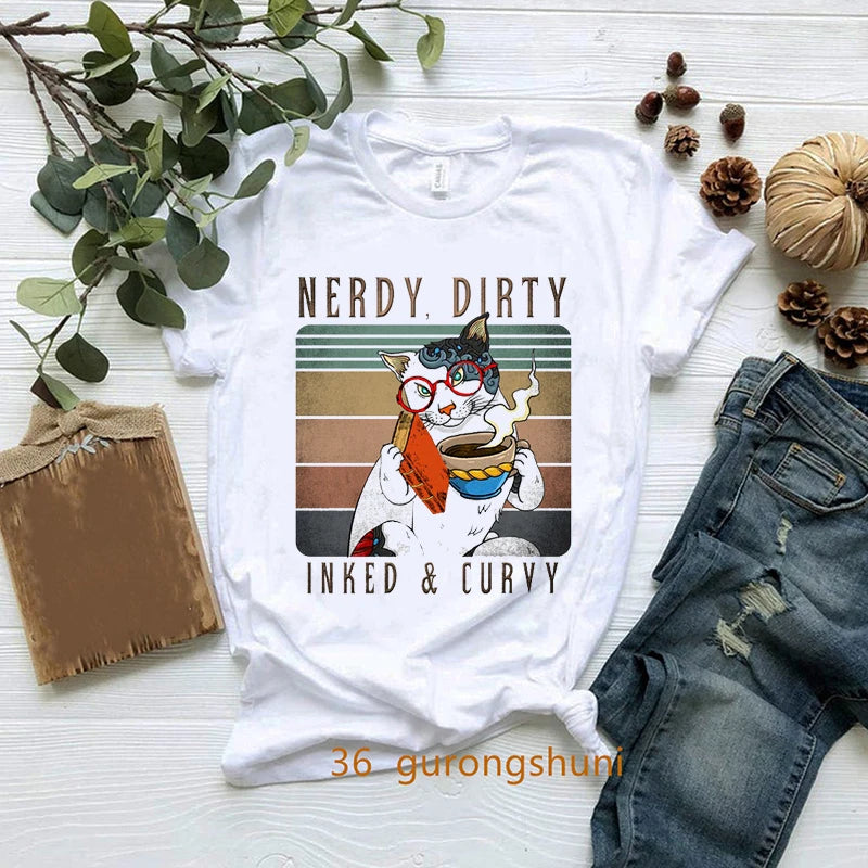New Nerdy Dirty Inked And Curvy T-Shirt Melanin Black Queen Loves Books T Shirt Women Clothes Short Sleeve 90s Tees Summer Tops