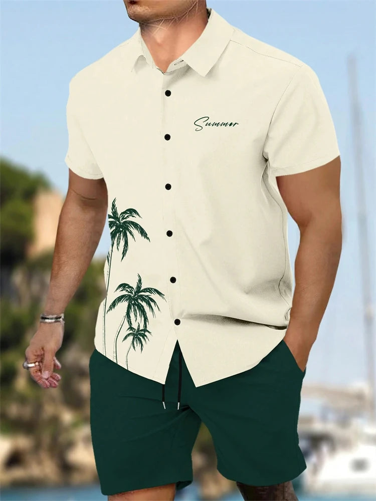 Summer New Men's Short Sleeve Shirt and Shorts 2 Piece Set Fashion Coconut Tree Print Lapel Shirt Beach Drawstring Shorts Set mon