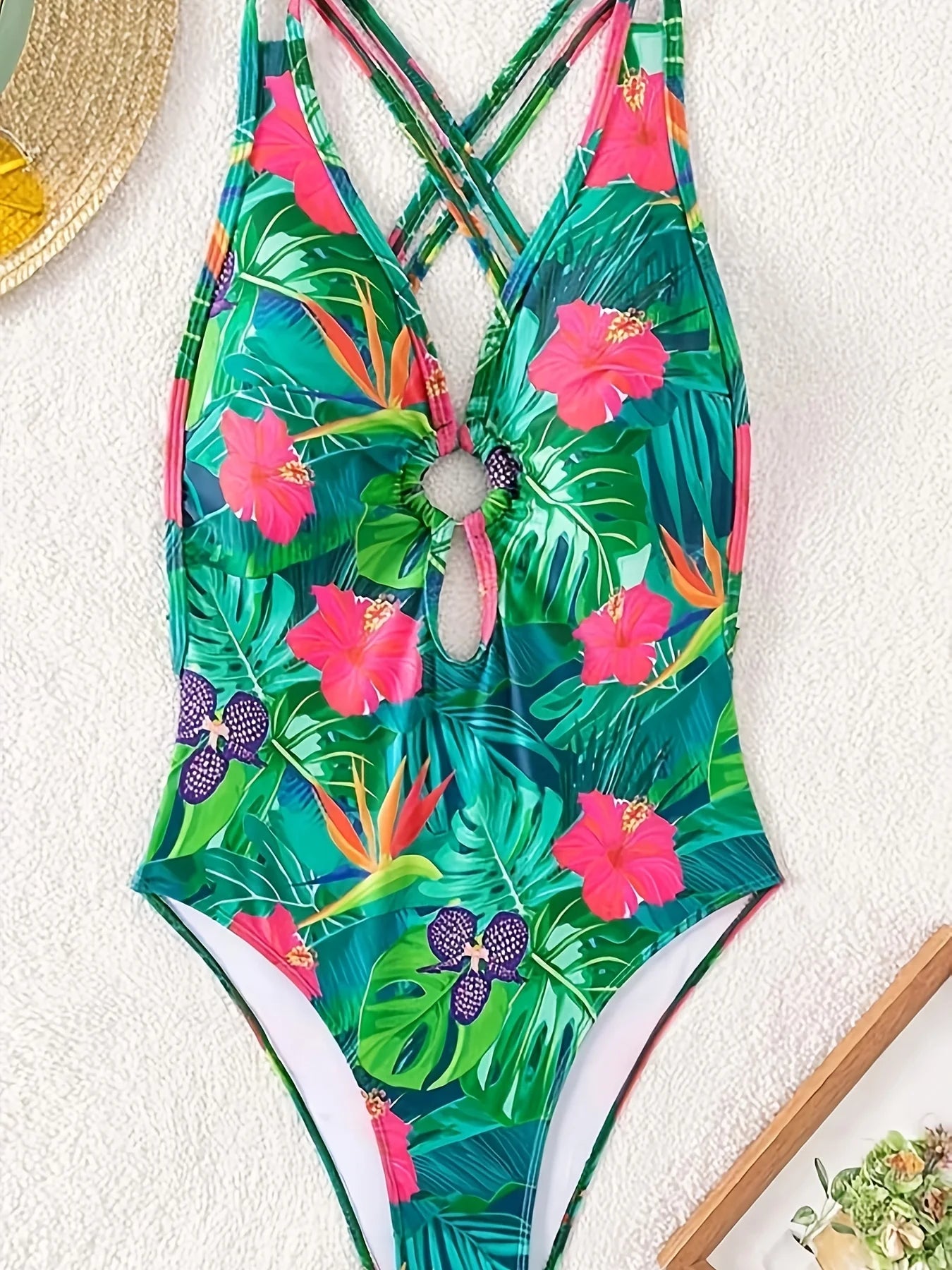 Tropical Print One-piece Swimsuit Bikini Set Ring-Linked Criss Cross Straps Backless Women Swimwear