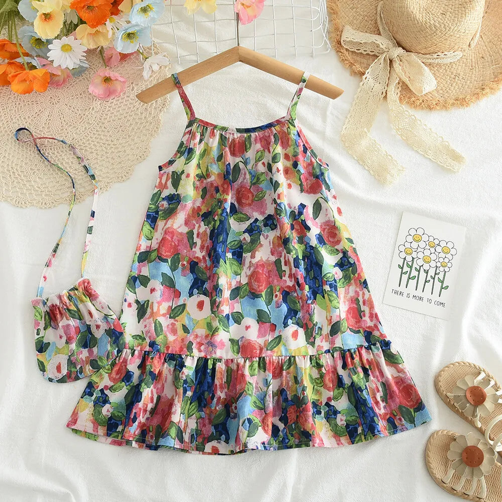 Bear Leader 3-7 Years Baby Girl Flower Dresses With a Bag Summer Floral Suspender Dress Kids Girls 2Pieces Sets Clothing