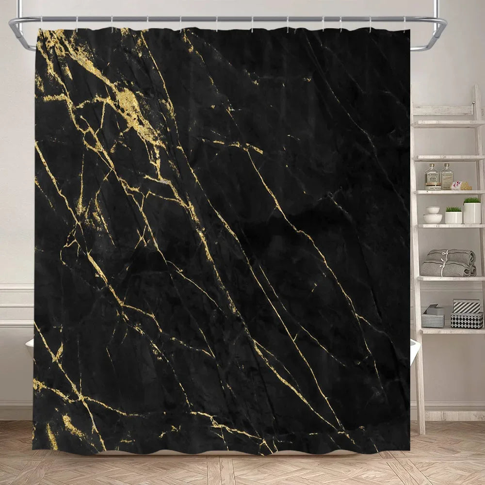 Black Marble Shower Curtain Set White Lines Cracked Pattern Modern Geometric Bathroom Decor Non-slip Rug Bath Mats Toilet Cover home improvement