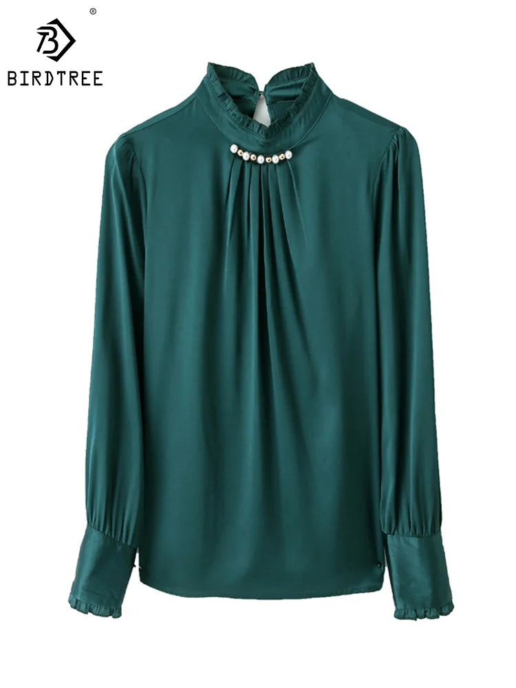 Birdtree 92%Real Silk Women Elegant Fashion Shirt Ruched Collar Diamonds Blouses 2024 Spring Autumn Office Lady Tops T3D983QM