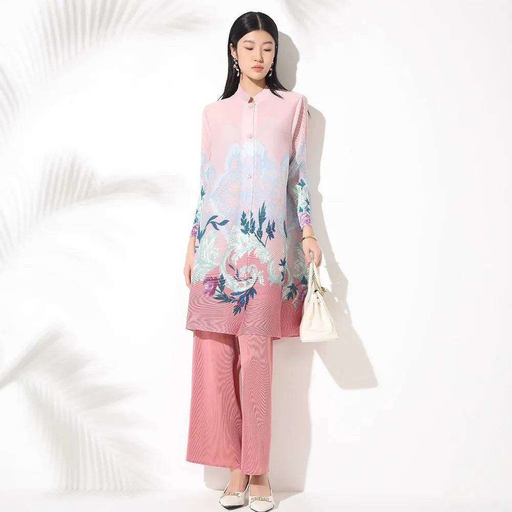 MIYAKE Women's PLEATS Print Casual Suit 2025 Spring New Fashion Stand Collar Midi Top Wide-Leg Pants Two-Piece Set Women Clothes