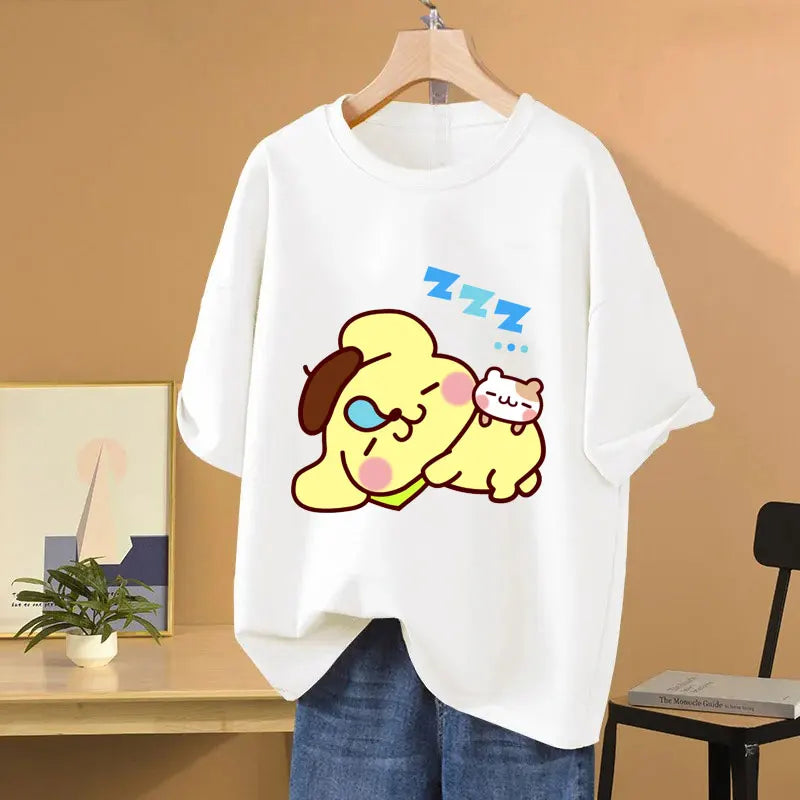 Clothes Pompom Purin Yellow Cartoon Anime Women T-shirt Summer Short Sleeve 100% Cotton Men Tee Shirts Tops 2025 Fashion Couple Clothes