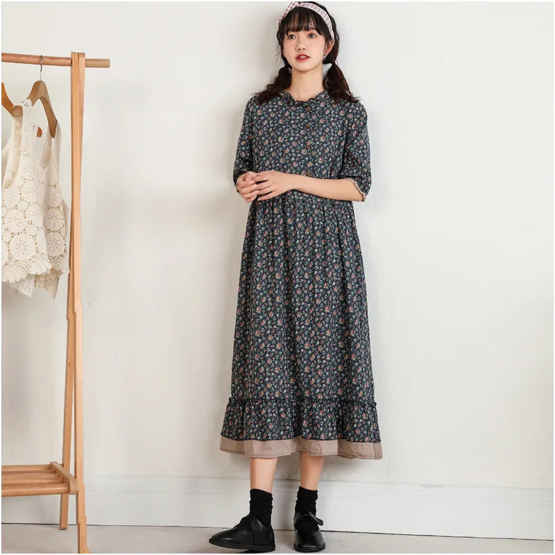 Japanese Fashion Print Dress Pretty Cotton Linen Spring Women New Floral Loose Long-sleeved Dress Midi Vestido de Mujer Clothes clothes