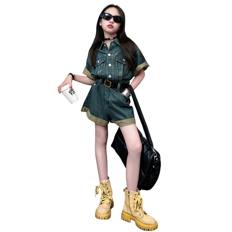 5-14 Jahre Retro-Jumpsuit für Teenager-Mädchen aus Denim mit gerollten Kanten und weiten Beinen, Jeans-Shorts für Kinder, Bodysuit, Kleidung für Junior-Onesie-Jeans