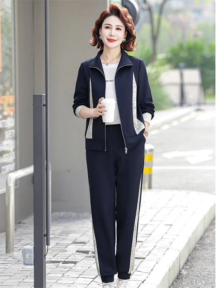Women Clothes Solid Loose Sports Suit 2025 Spring Autumn Leisure Sportswear Middle-aged Temperament Age Reduction Two-piece Sets