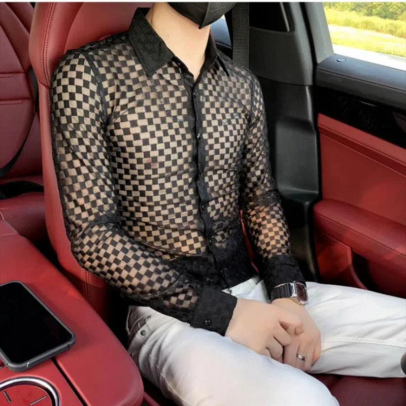 Spring Autumn New Fashion Plaid a Peaked Collar Men's Clothing Shirts Long Sleeve Button Hollow Out Slim Korean Chaopai Blouse