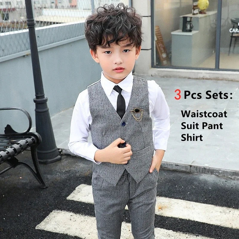 Boy Plaid Vest Blazer Kids Waistcoat Wedding Clothes Set Toddler Formal Dress Suit Child Brooch Shirt Pant Baby Gentlemen Outfit