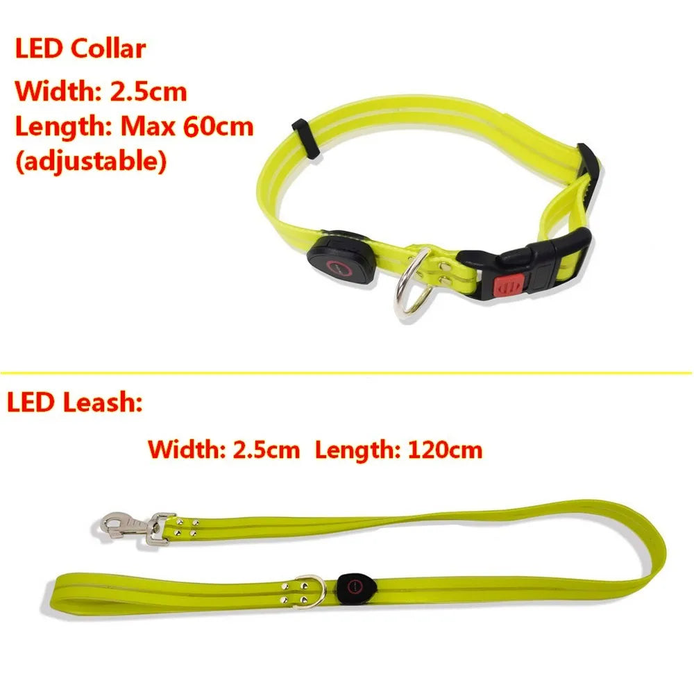 Light Up Dog Leash With Collar Set Waterproof PVC Rope USB Rechargeable Glow In The Dark Visiable Safety Night Walking