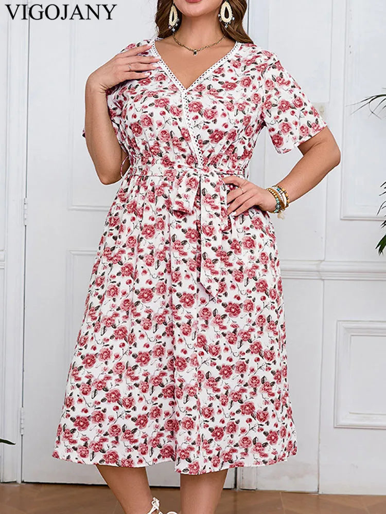 Vigojany 2025 Women Summer Print Plus Size Dress Casual V Neck Short Sleeve Large Big Dress Lady Loose Chubby Curvy Long Dresses