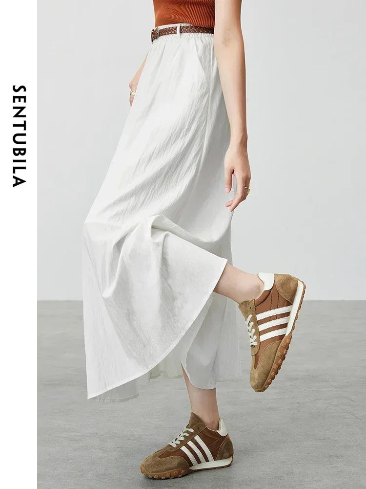 SENTUBILA A-line White Skirt Women 2025 Spring Casual Loose Elastic High Waist Long Skirt with Belt Woman Clothes W43Q56026
