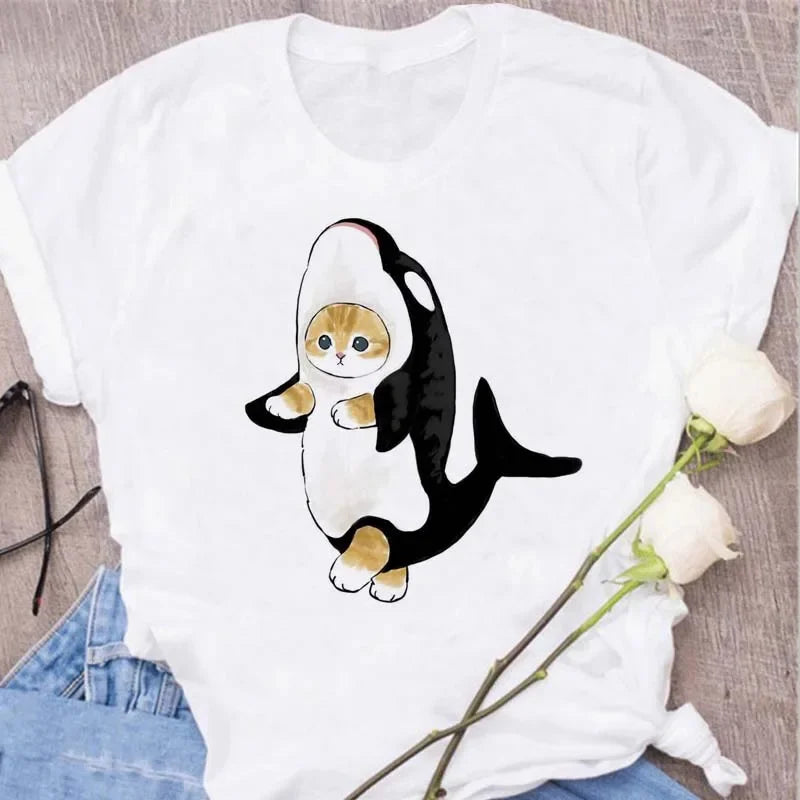 Cute Cats Printing Women T-shirts New Kawaii Women's Tops Fashion Women Clothing Funny Korean Style Creative Casual Clothes Tees