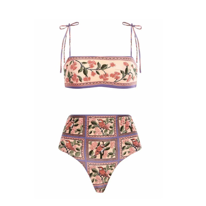 Purple Flower Print Chest Wrap Bikinis Set 2023 Women Swimsuit Push Up High Cut Swimwear Low Waist Micro Biquini Bathing Suit