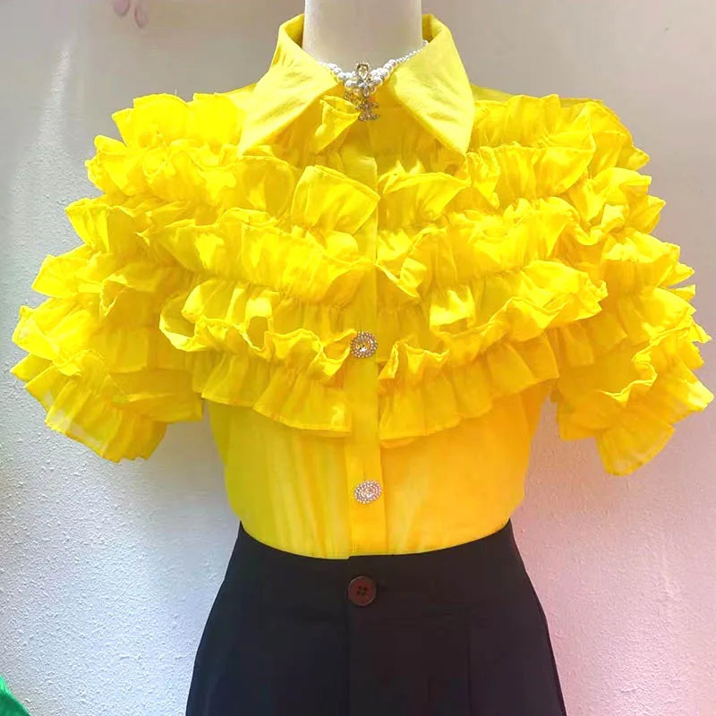 Women Elegant Chic French Beautiful Blouses 2023 Summe Ruff 3D Flower Short Sleeve Female Shirts and Blouse Top Free Clothing clothes