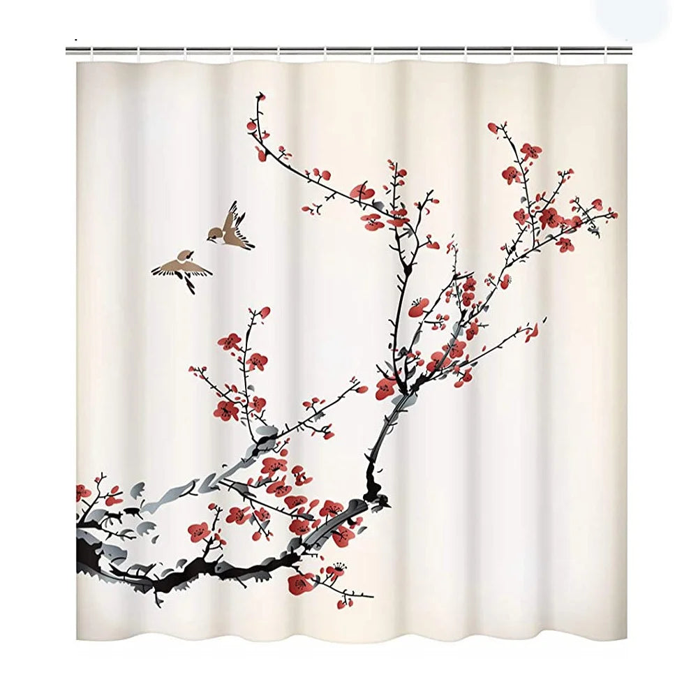 Japanese Cherry Blossom Shower Curtain Set Non-Slip Rug Toilet Lid Cover Bath Mat Spring Sakura Flower Pastoral Bathroom Curtain