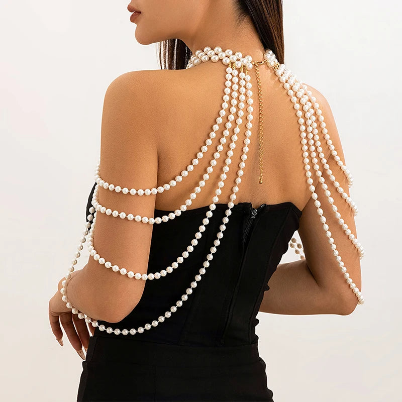 Boho Tassel Imitation Pearl Bridal Shoulder Chain Necklace for Women Elegant Shawl Jewelry Accessories Bridal Tassel Body Chain