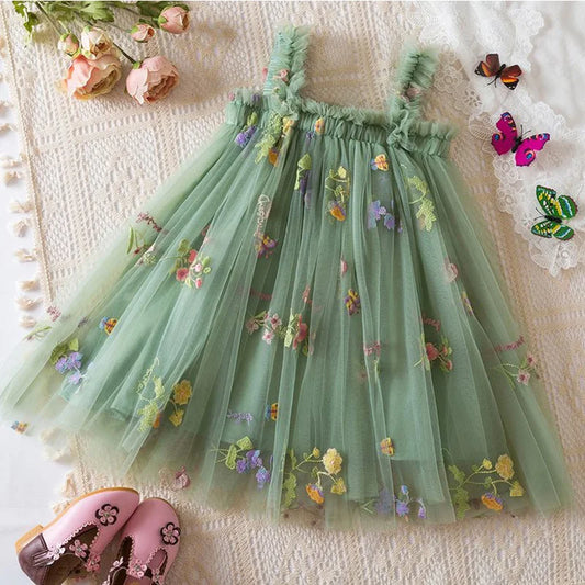 Girls' mesh dress summer baby girl covered in flower embroidery green suspender mesh, beach princess dress