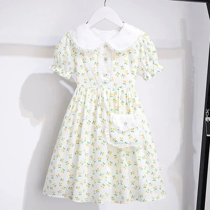 spring summer Kids Girls Princess Teenager Floral chiffon white fruit print Dresses Clothing 4 - 14 Years