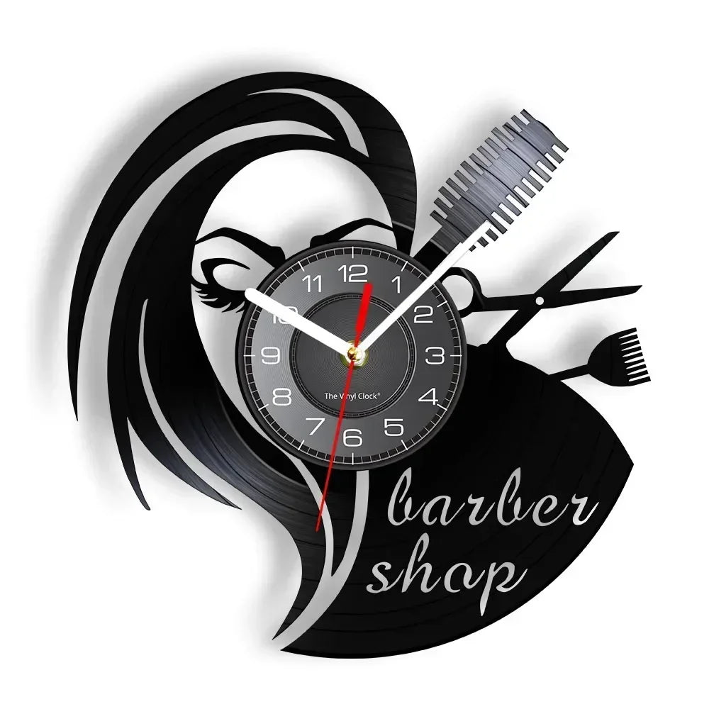 Barber Shop Sign Silent Haircutting Wall Clock Hairdressing Beauty Salon Design Vinyl Record Clock Watch Barber Shop Wall Decor