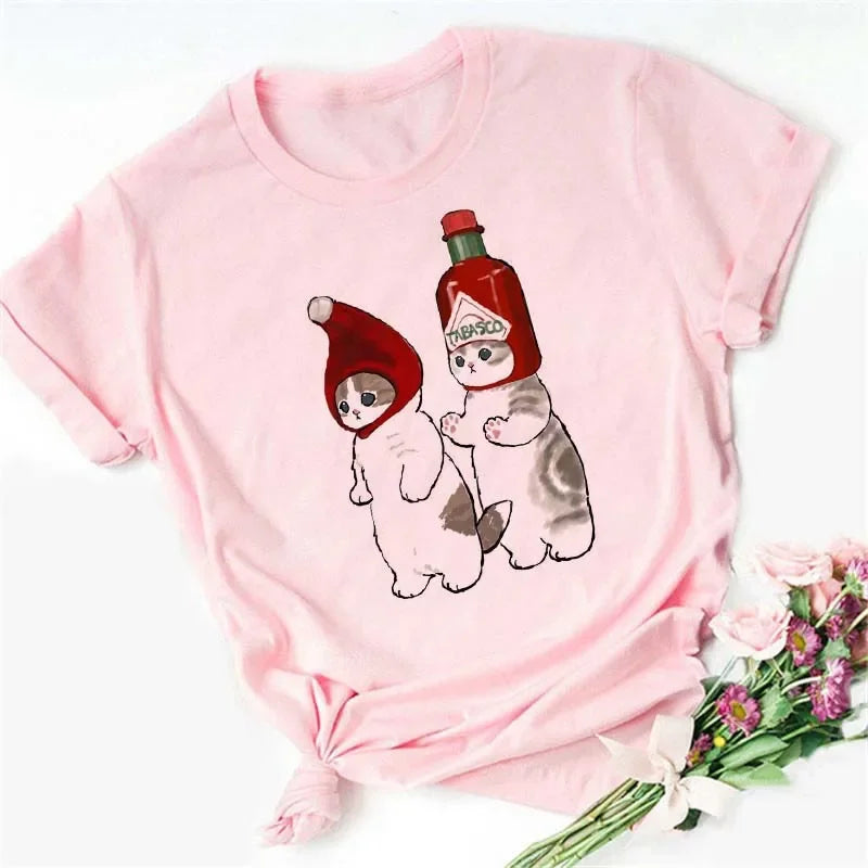 Cute Cats Printing Women T-shirts New Kawaii Women's Tops Fashion Women Clothing Funny Korean Style Creative Casual Clothes Tees