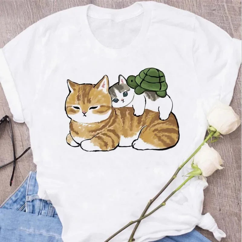 Cute Cats Printing Women T-shirts New Kawaii Women's Tops Fashion Women Clothing Funny Korean Style Creative Casual Clothes Tees