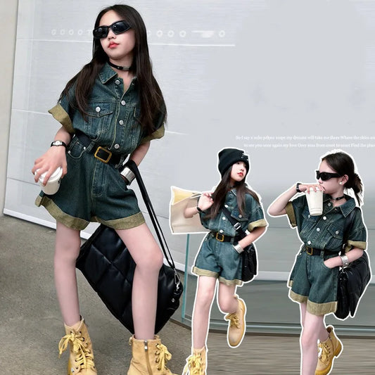 5-14 Jahre Retro-Jumpsuit für Teenager-Mädchen aus Denim mit gerollten Kanten und weiten Beinen, Jeans-Shorts für Kinder, Bodysuit, Kleidung für Junior-Onesie-Jeans