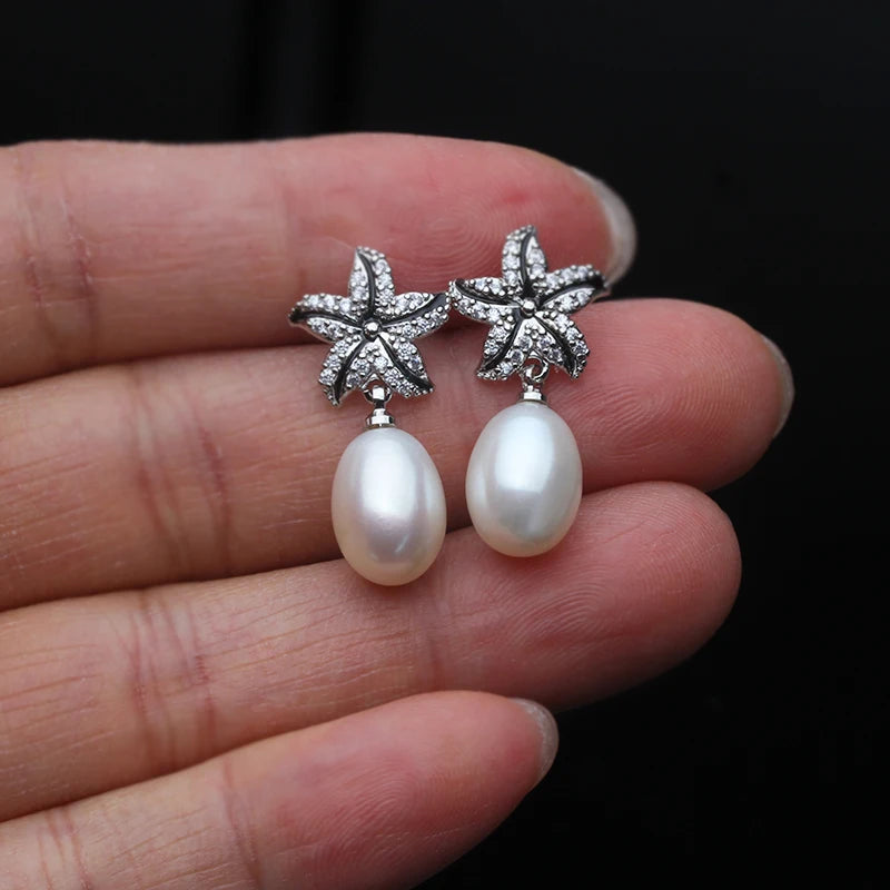 Real Natural Pearl Earrings For Women,925 Streling Sliver Freshwater Pearl Drop Earrings Pin Luxe Korea Earrings Jewelry Gift
