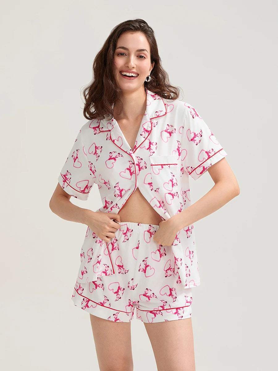 Women s Valentine s Day Lounge Set Short Sleeve Floral Heart Print Shirt Shorts Sleepwear Sets