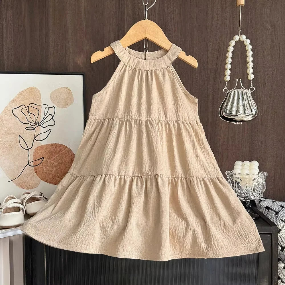Summer Sleeveless Hanging Neck Girls Dress Khaki Casual Dresses