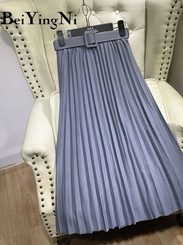 Beiyingni Women's Skirt Belt Casual Fashion Midi Long Pleated Skirts Ladies High Waist Retro Spring Summer Faldas Female 2025
